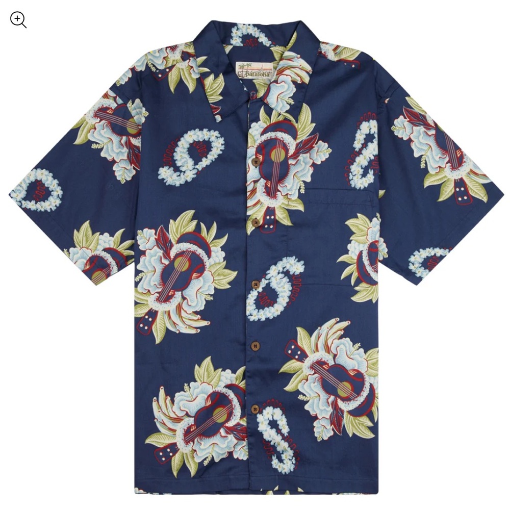 Patagonia Pataloha Mens vintage  Floral‎ Hawaiian Shirt Navy Blue Organic M